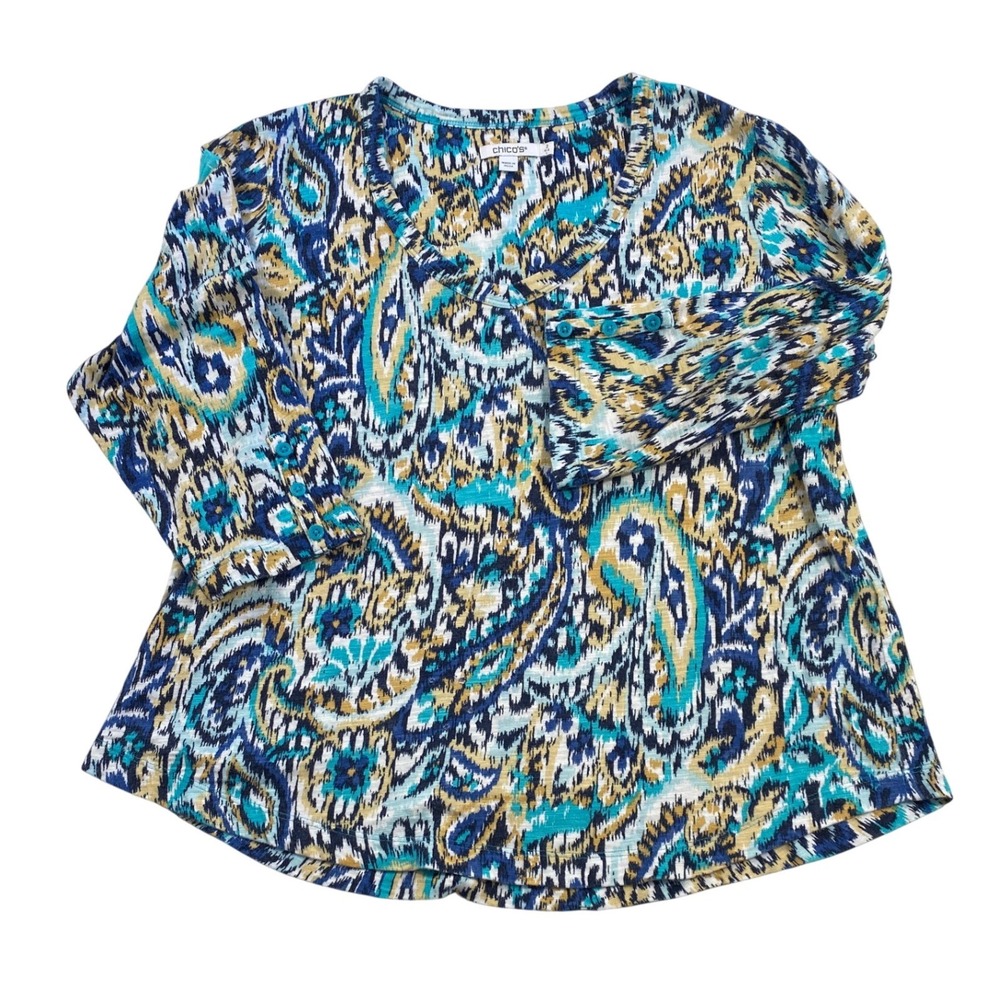 Chico's Ikat Paisley Top Size L Blue Teal Boho Coastal Lightweight Tee - Picture 5 of 10